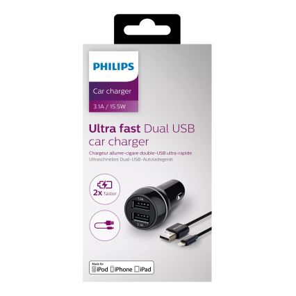 Philips DLP2357V/10 -Автомобільний зарядний пристрій 2xUSB/12V + кабель USB/lightning роз'єм