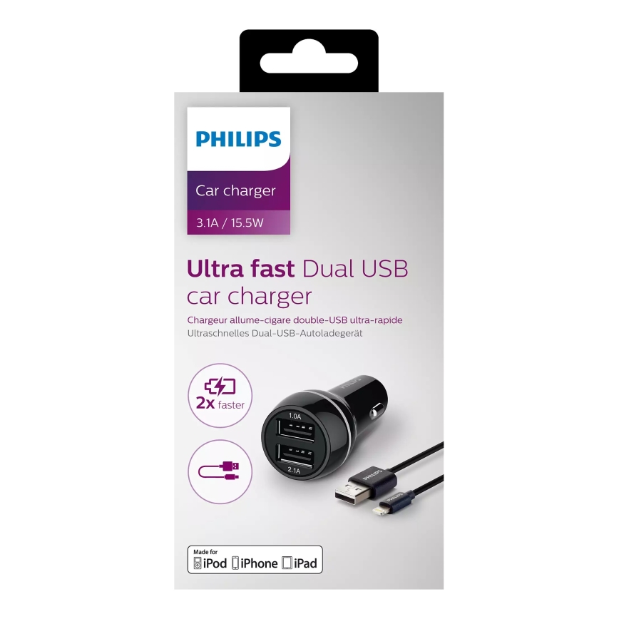 Philips DLP2357V/10 - Автомобильное зарядное устройство 2xUSB/12V + кабель USB/разъем lightning