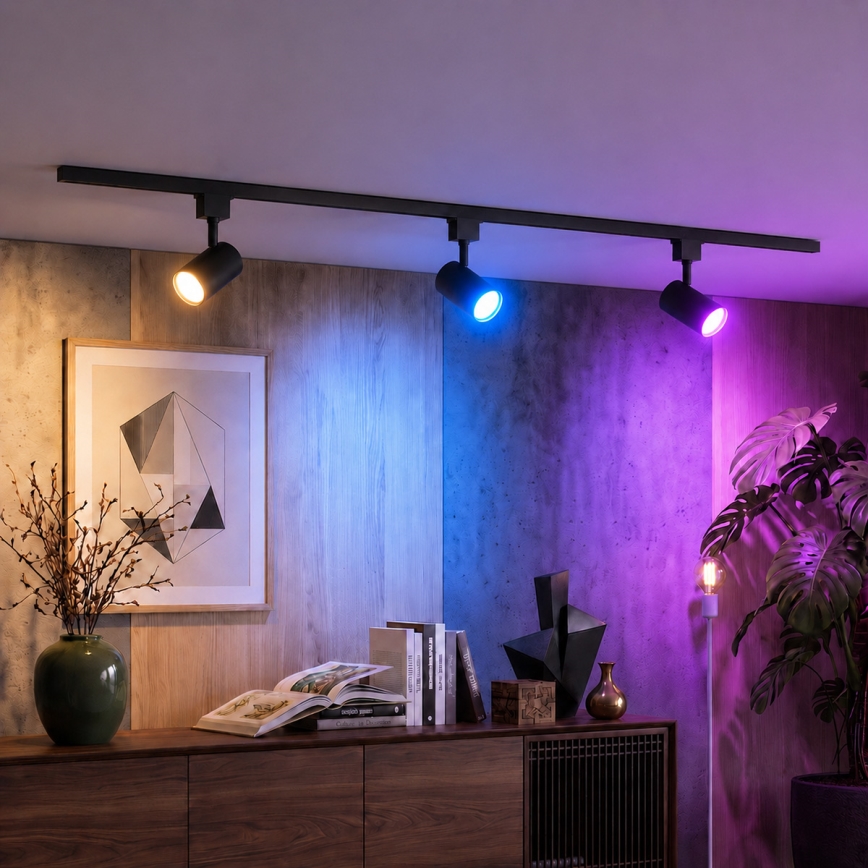 Philips - LED RGBW затемнюваний точковий світильник у трековій системі EASYLINK HUE, 3xGU10/4,7 Вт/230 В, 2200–6500 К, 1 м, чорний + Hue Bridge