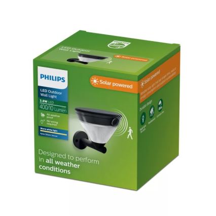 Philips - LED солнечный настенный светильник с датчиком KYNA LED/3,8W/3,7V 800 mAh 2700K IP44 черный