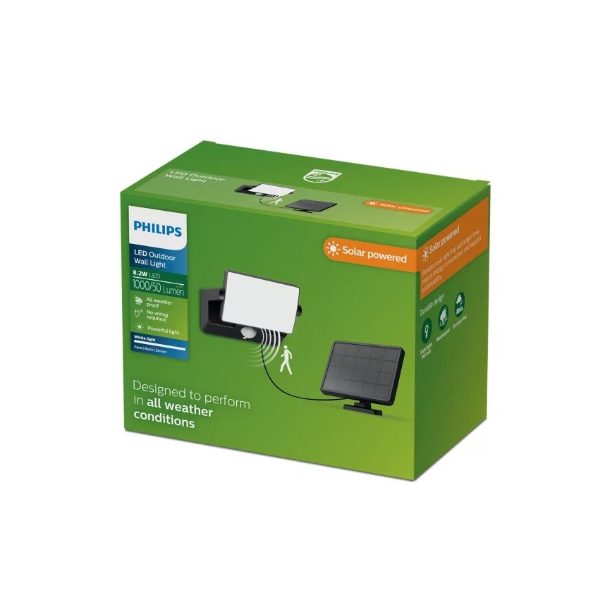 Philips - світлодіодний сонячний настінний прожектор з датчиком FYNS LED/8,2W/3,7V 2600 mAh 3000K IP44 чорний