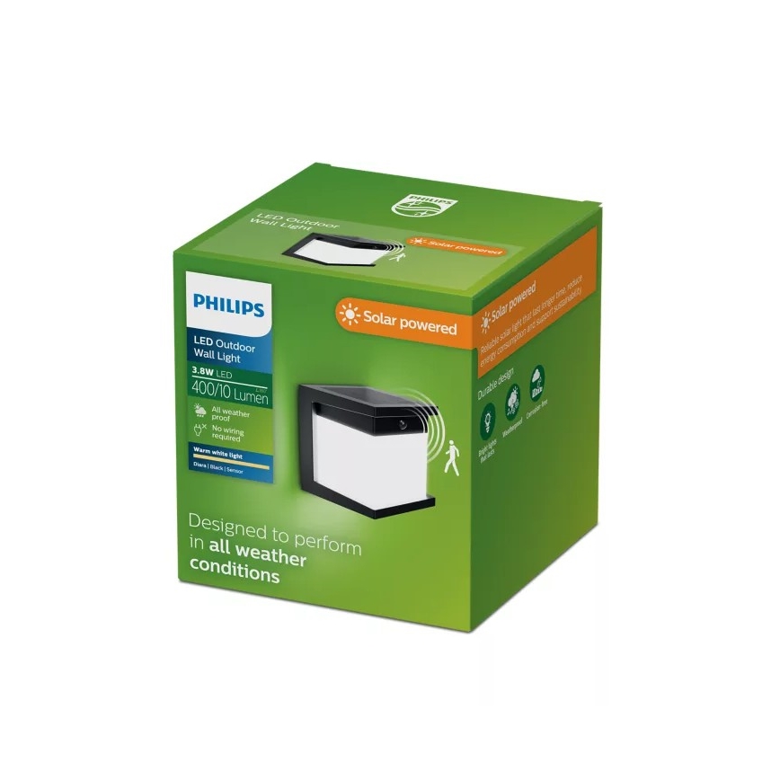 Philips - LED сонячний настінний світильник з датчиком DIARA LED/3,8W/3,7V 800 mAh 2700K IP44 чорний