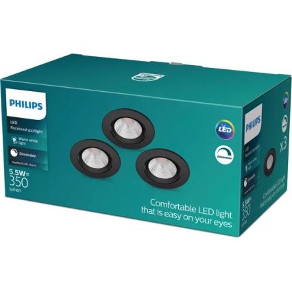 Philips - НАБОР из 3 светодиодных встраиваемых светильников SPARKLE LED/5,5 Вт/230 В 2700K с диммером, черный