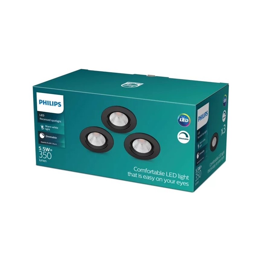 Philips - НАБОР из 3 светодиодных встраиваемых светильников SPARKLE LED/5,5 Вт/230 В 2700K с диммером, черный