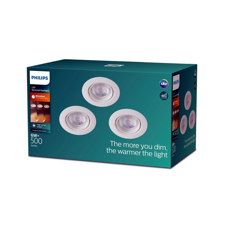 Philips - НАБОР 3x Встроенный светильник с регулированием яркости IMPALA Warm Glow LED/6W/230V