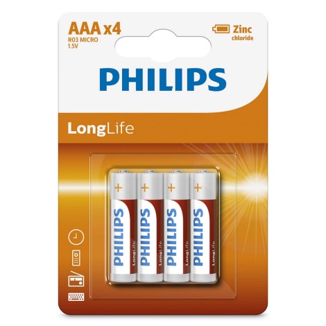 Philips R03L4B/10 - Цинк-хлоридная батарейка AAA LONGLIFE 1,5V 4 шт.