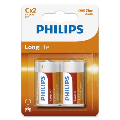 Philips R14L2B/10 - Цинк-хлоридная батарейка C LONGLIFE 1,5V 2 шт.