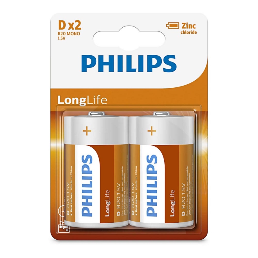 Philips R20L2B/10 - Цинк-хлоридная батарейка D LONGLIFE 1,5V 5000mAh 2 шт.