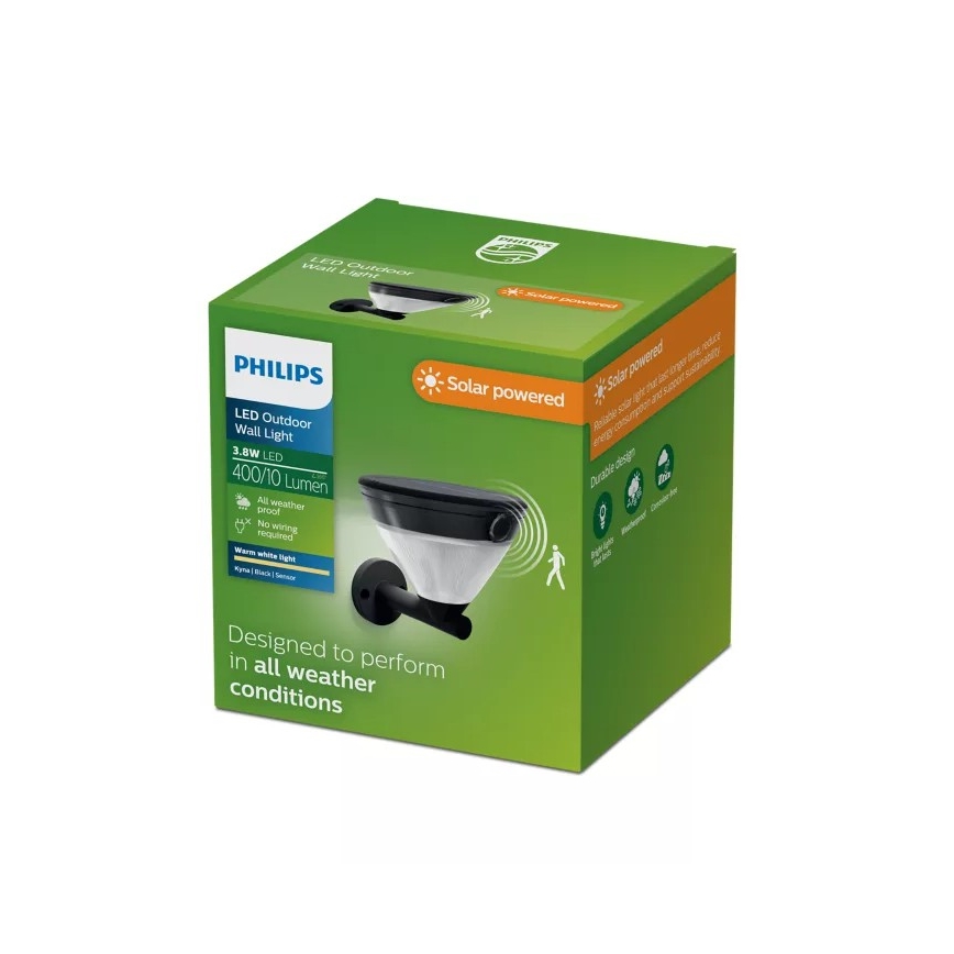 Philips - LED сонячна настінна лампа з датчиком KYNA LED/3,8W/3,7V 800 mAh 2700K IP44 чорна