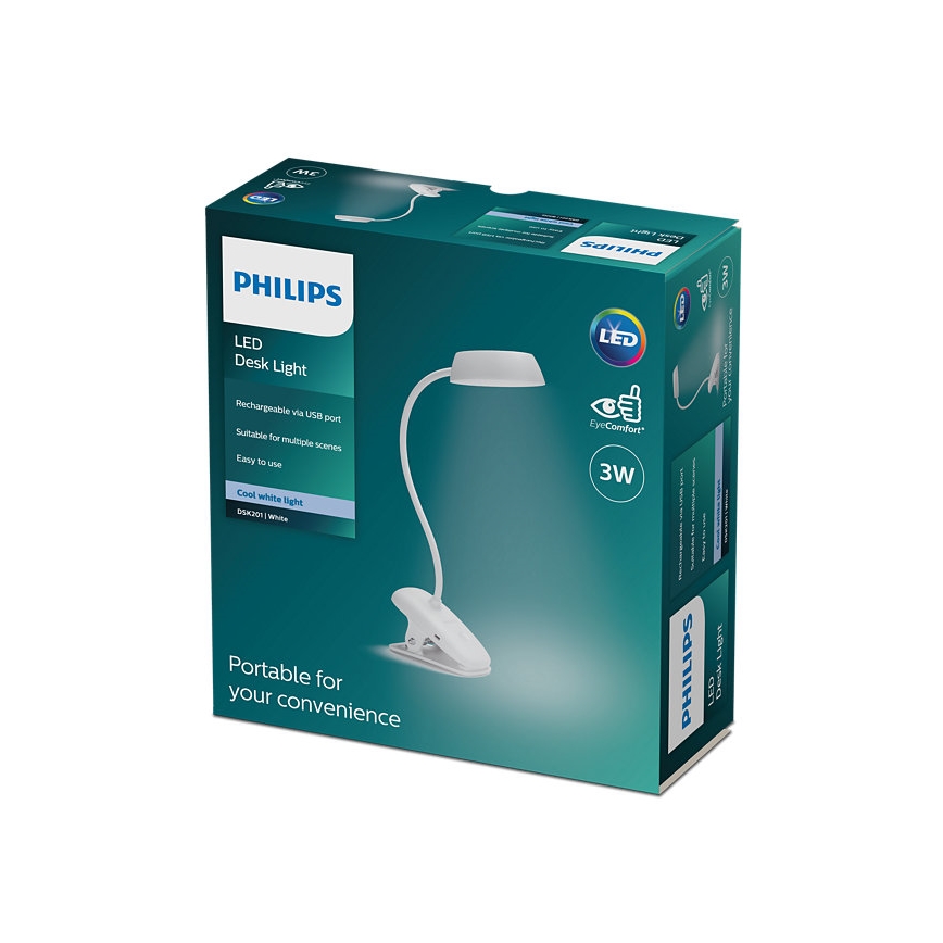 Philips - Светодиодная лампа с регулированием яркости и зажимом DONUTCLIP LED/3W/5V CRI 90 белый