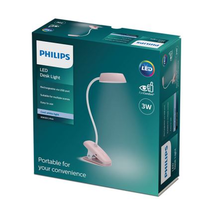 Philips - Світлодіодна лампа з затискачем та регулюванням яскравості DONUTCLIP LED/3W/5V CRI 90 / 1200 mAh рожева