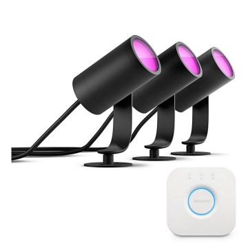 Philips - Комплект из 3 шт. RGB светодиодных диммируемых точечных светильников Hue LILY, 8 Вт, 230 В, 2200–6500 К, IP65 + Hue Bridge