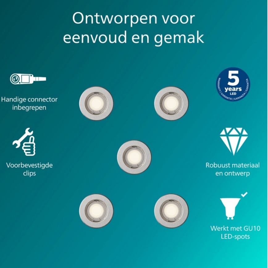 Philips - комплект из 5 встраиваемых светильников PERIDOT 1xGU10/7W/230V, серебристый