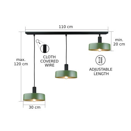 Підвісна люстра HAKI 3xE27/60W/230V зелений/чорний
