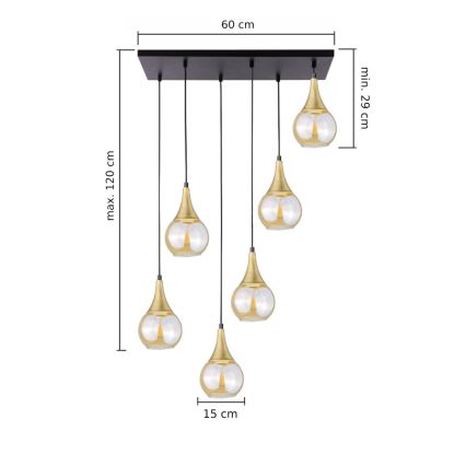 Підвісна люстра LACRIMA HONEY 6xE27/60W/230V чорний/золотий/димчастий бежевий