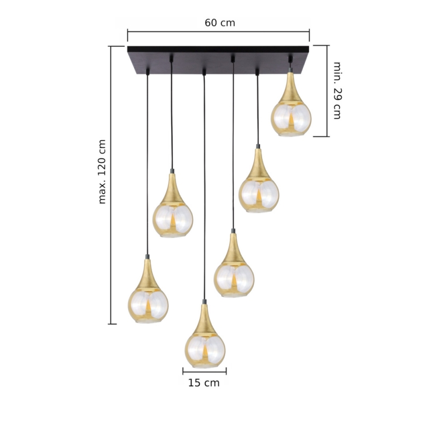 Підвісна люстра LACRIMA HONEY 6xE27/60W/230V чорний/золотий/димчастий бежевий