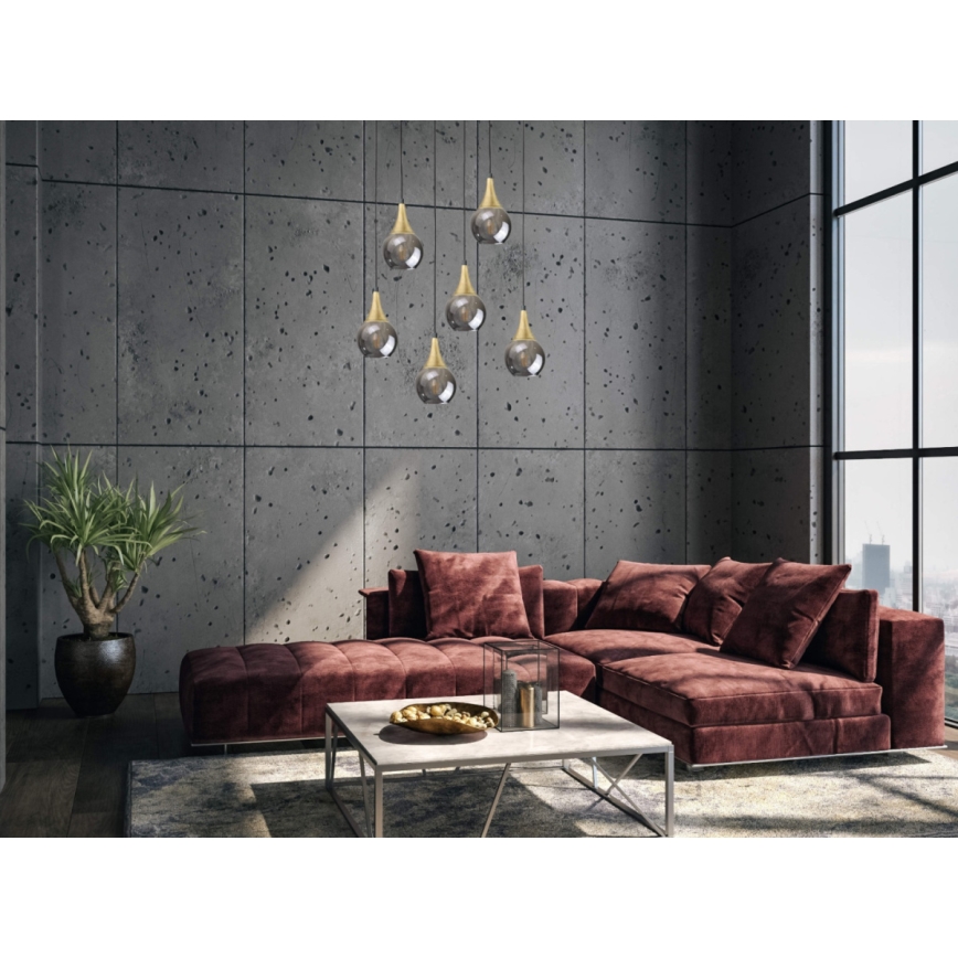 Підвісна люстра LACRIMA SMOKY 6xE27/60W/230V чорний/золотий/димчастий чорний
