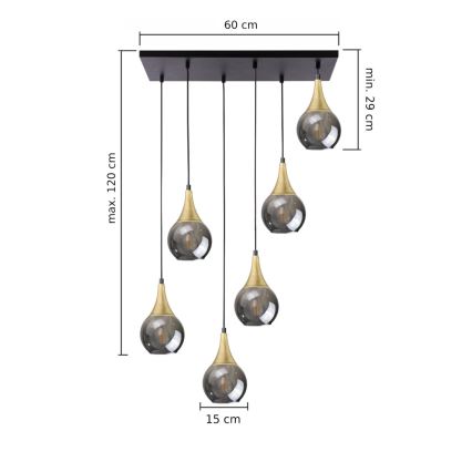 Підвісна люстра LACRIMA SMOKY 6xE27/60W/230V чорний/золотий/димчастий чорний
