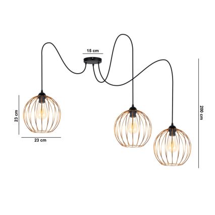 Підвісна люстра MATT 3xE27/60W/230V павук чорний/мідний