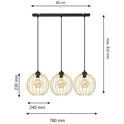 Підвісна люстра MERCURE 3xE27/15W/230V золотий/чорний