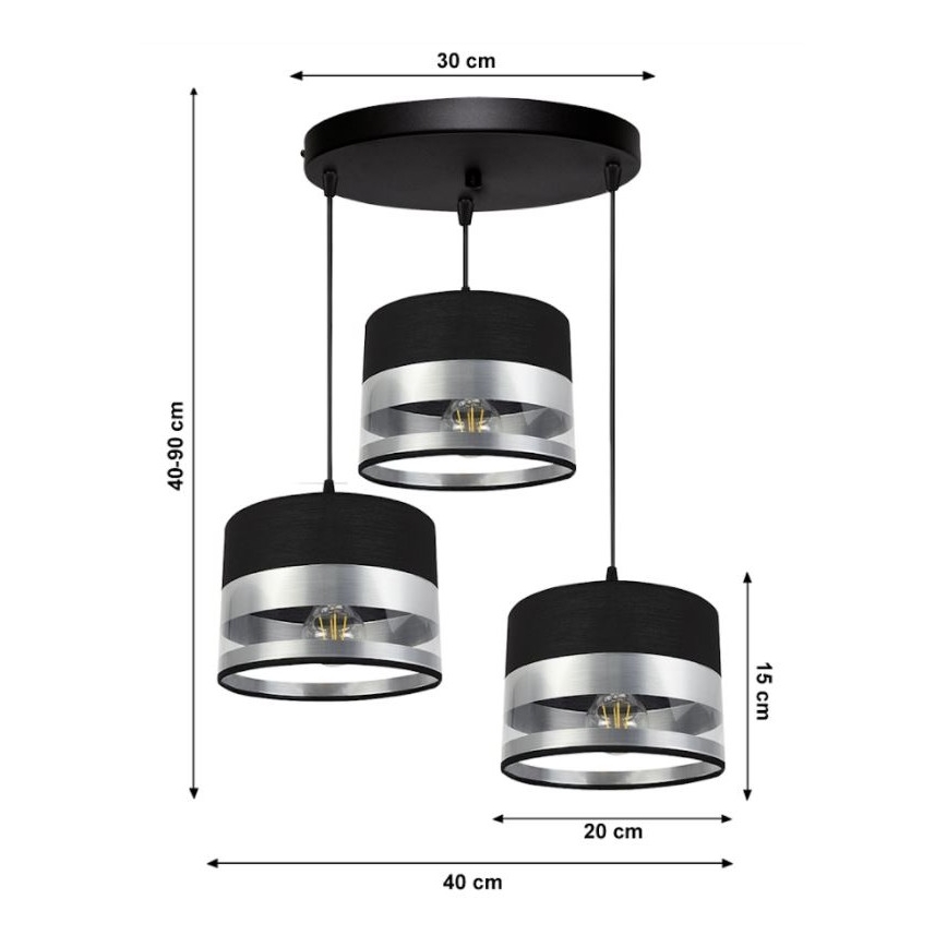 Підвісна люстра MILO 3xE27/60W/230V срібний/чорний