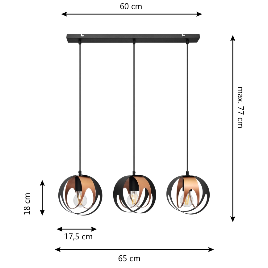 Підвісна люстра MOONLIGHT 3xE27/15W/230V чорний/мідний