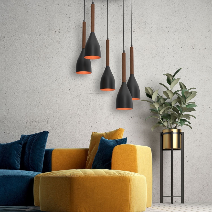 Підвісна люстра MUZA 5xE27/15W/230V чорний/коричневий/мідний/бук