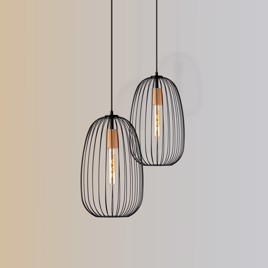 Підвісна люстра на тросі OVELLA 1xE27/15W/230V, діаметр 25 см, чорна/сосна