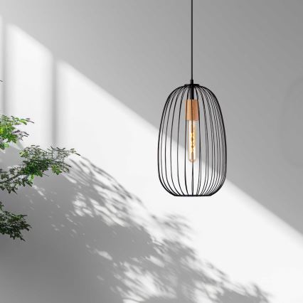 Підвісна люстра на тросі OVELLA 1xE27/15W/230V, діаметр 25 см, чорна/сосна