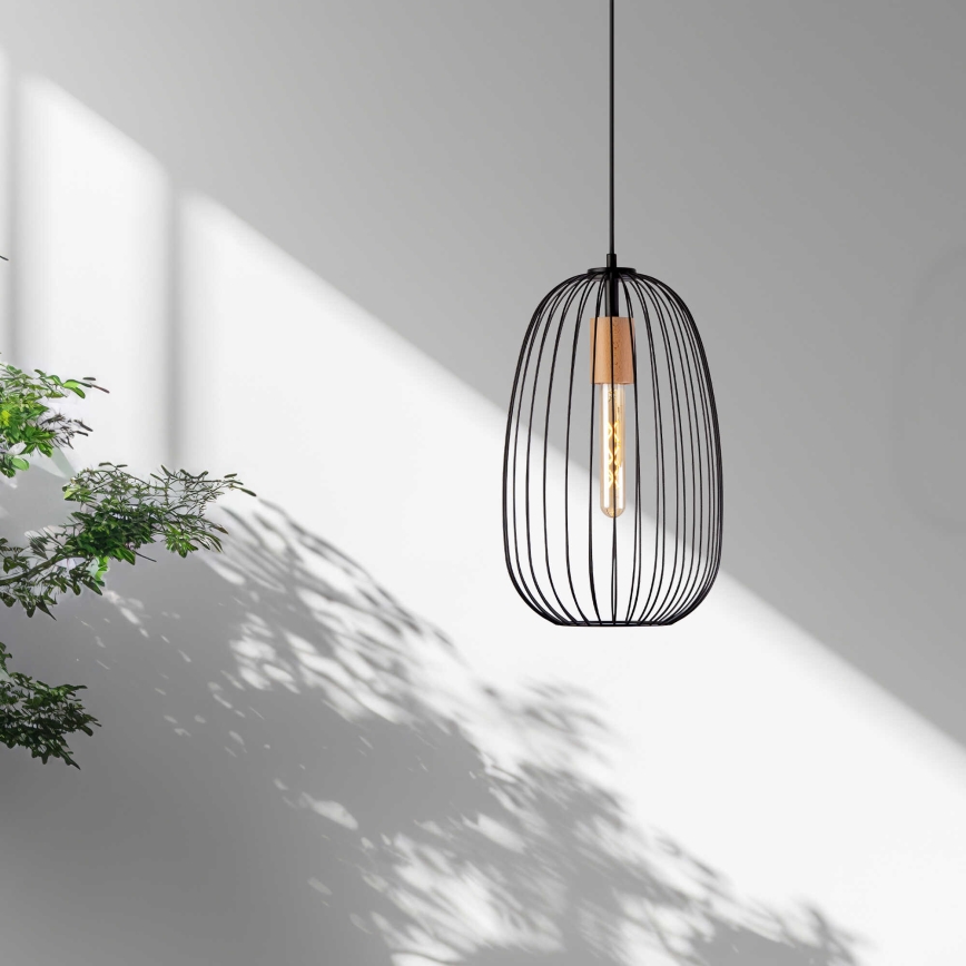 Підвісна люстра на тросі OVELLA 1xE27/15W/230V, діаметр 25 см, чорна/сосна