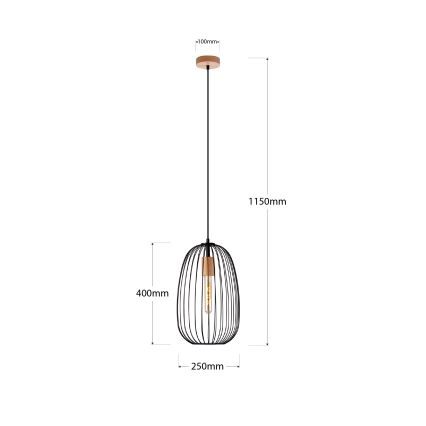 Підвісна люстра на тросі OVELLA 1xE27/15W/230V, діаметр 25 см, чорна/сосна