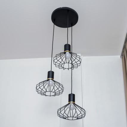Підвісна люстра на тросі SOLANO 3xE27/15W/230V чорна/золота