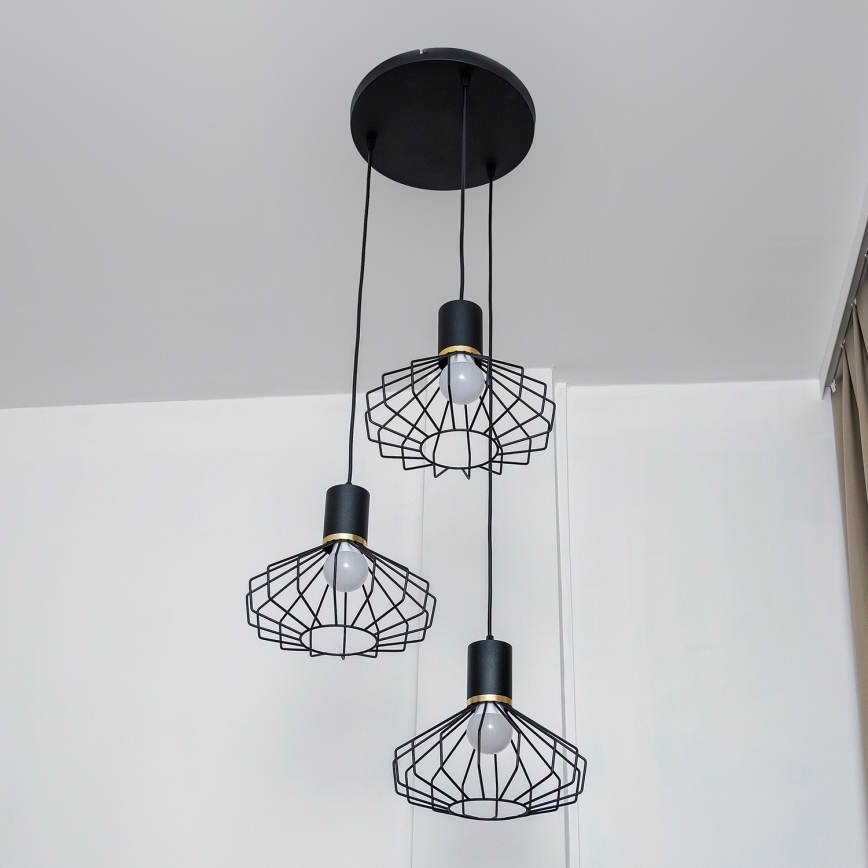 Підвісна люстра на тросі SOLANO 3xE27/15W/230V чорна/золота