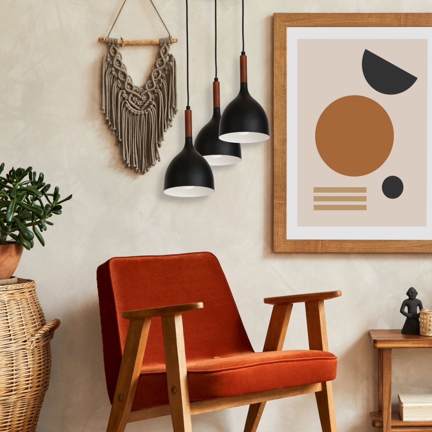 Підвісна люстра NOAK WOOD 3xE27/15W/230V чорний/бук