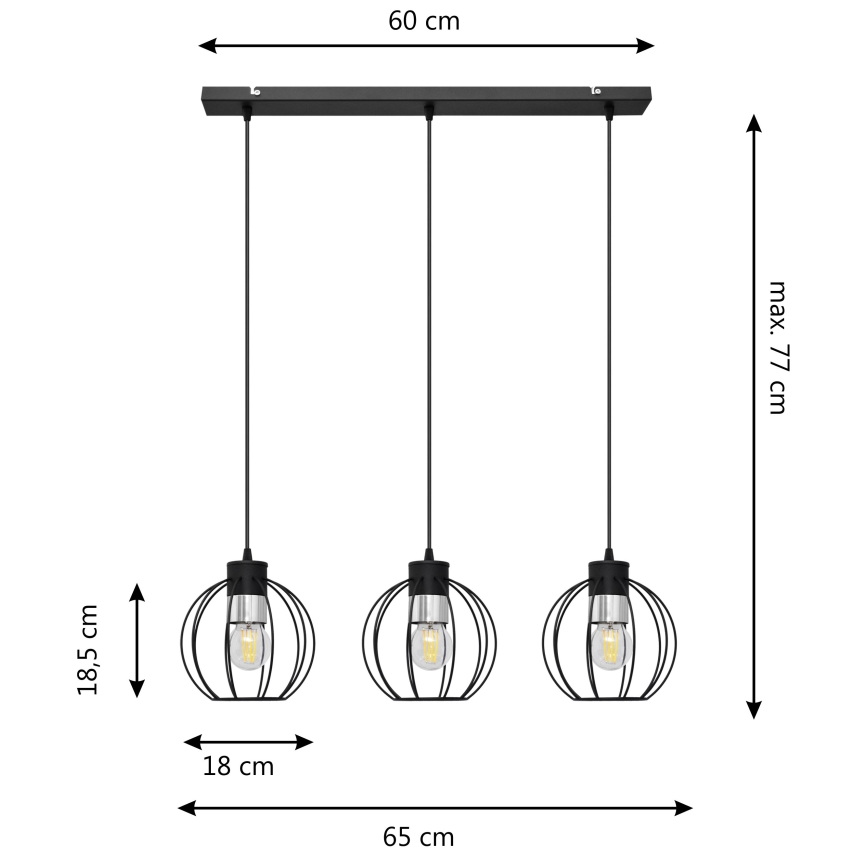 Підвісна люстра STARLIGHT 3xE27/15W/230V чорний/срібний