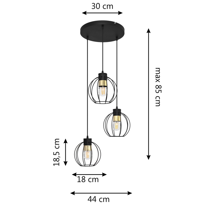 Підвісна люстра STARLIGHT 3xE27/15W/230V чорний/золотий