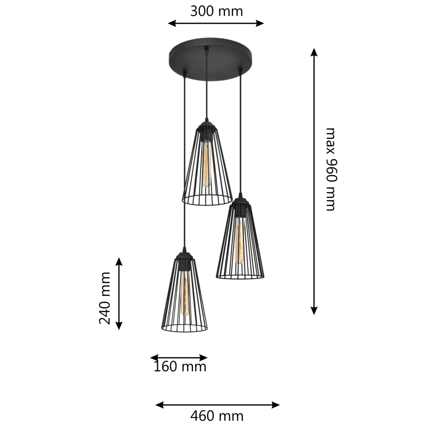 Підвісна люстра TORRI 3xE27/15W/230V чорний