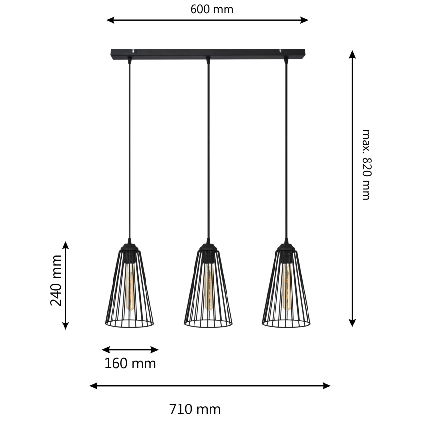 Підвісна люстра TORRI 3xE27/15W/230V чорний