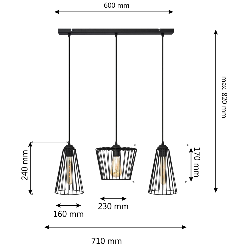Підвісна люстра TORRI 3xE27/15W/230V чорний