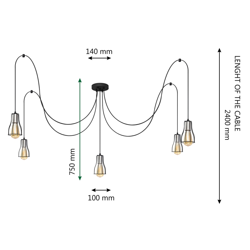 Підвісна люстра TUBE LONG 5xE27/15W/230V чорний/глянцевий хром