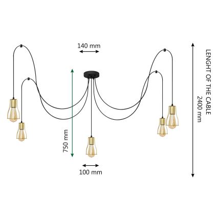 Підвісна люстра TUBE LONG 5xE27/15W/230V чорний/золотий