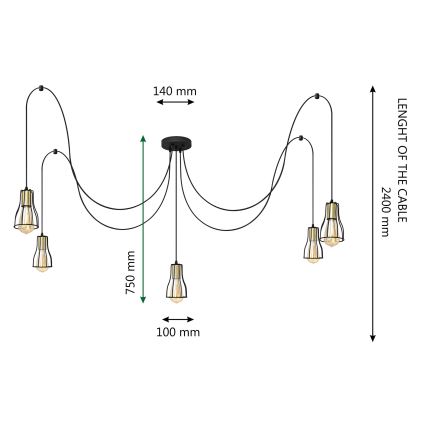 Підвісна люстра TUBE LONG 5xE27/15W/230V чорний/золотий