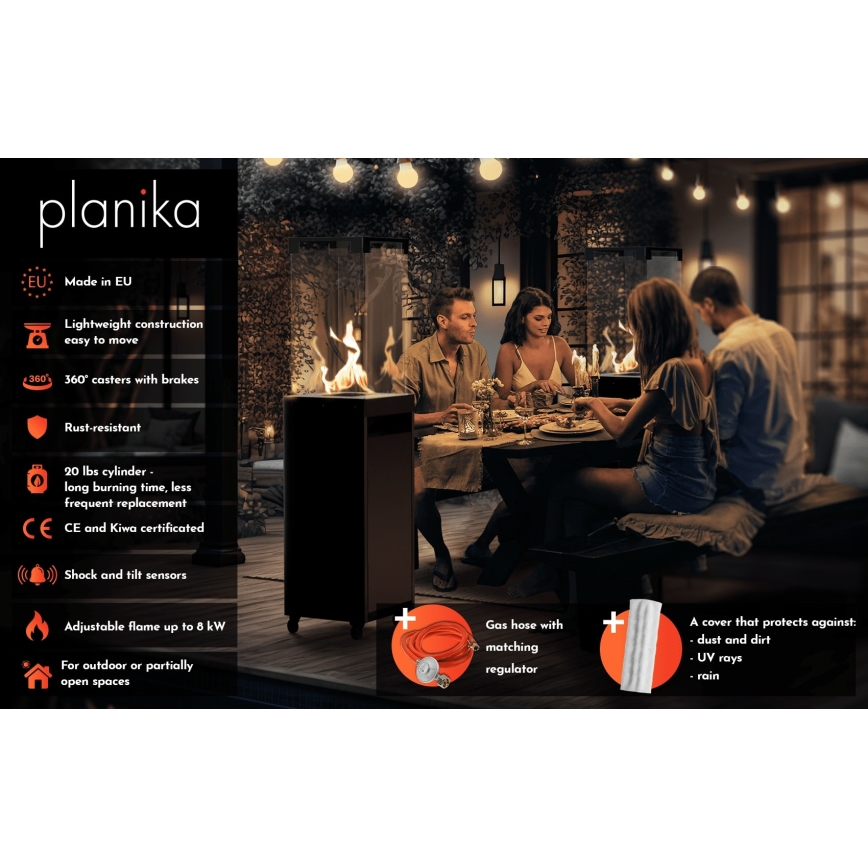 Planika - Вуличний газовий Камін 142x36 см 8kW 1xAAA сірий + Захисна кришка