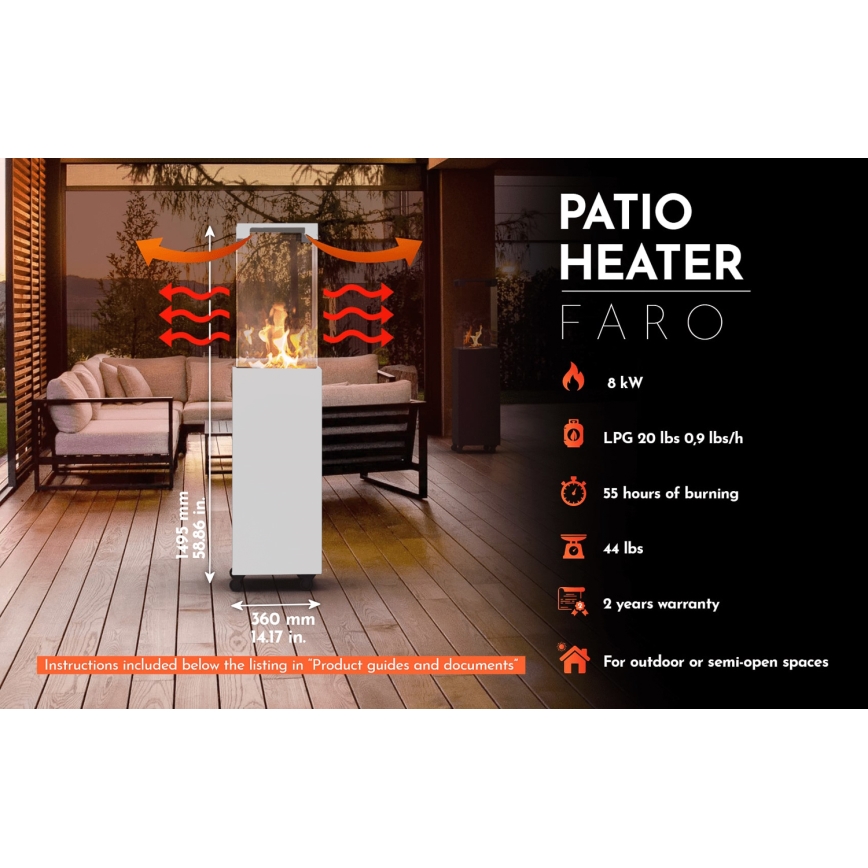 Planika - Вуличний газовий Камін 142x36 см 8kW 1xAAA білий + Захисна кришка