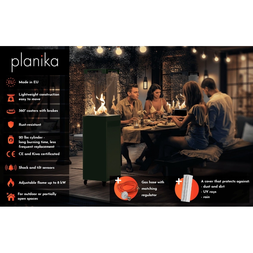 Planika - Вуличний газовий Камін 142x36 см 8kW 1xAAA зелений + Захисна кришка