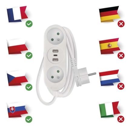 Подовжувач 2 розетки + 2x USB-A + USB-C 1,4 м