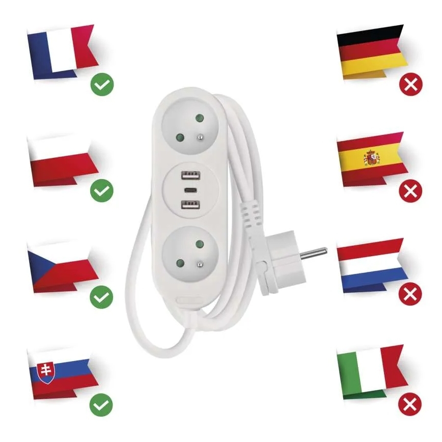 Подовжувач 2 розетки + 2x USB-A + USB-C 1,4 м