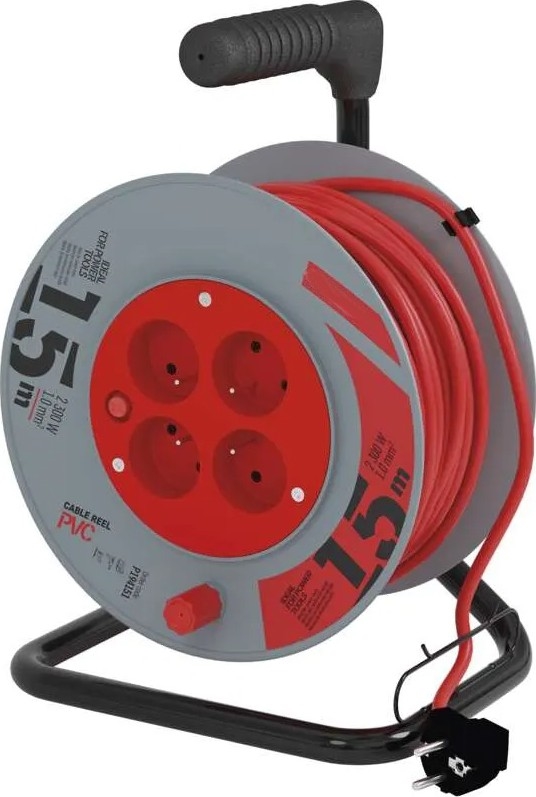 Подовжувач на котушці 4 розетки 15 м червоний/сірий