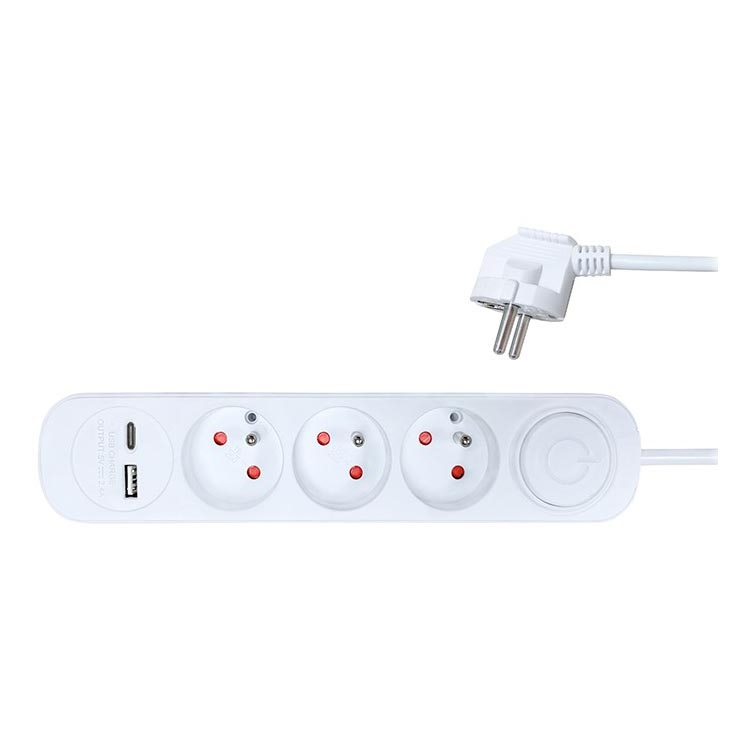 Подовжувач з вимикачем 3 розетки + 2xUSB 2м білий