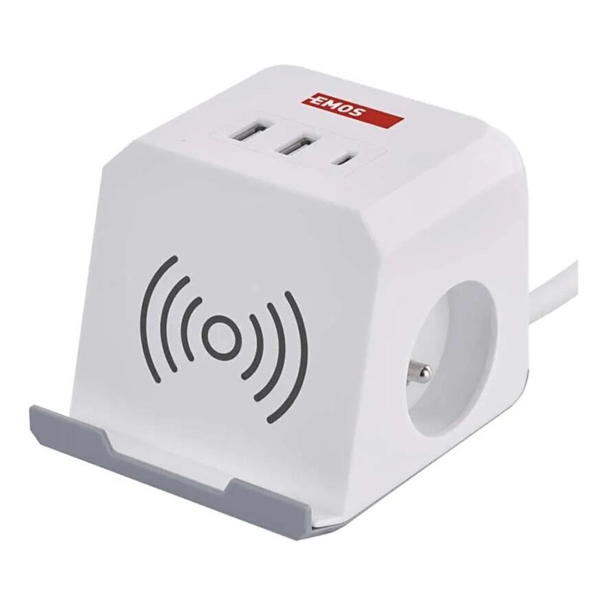 Подовжувач куб з бездротовою зарядкою QI 2Z +2xUSB-A+1xUSB-C 2м білий